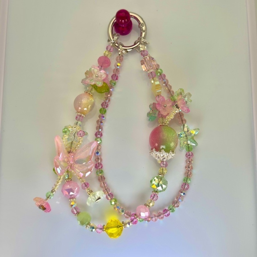 Handmade Pink Butterfly Flower Beaded Phone Wristlet Charm‎ Pastel Fairy Cute